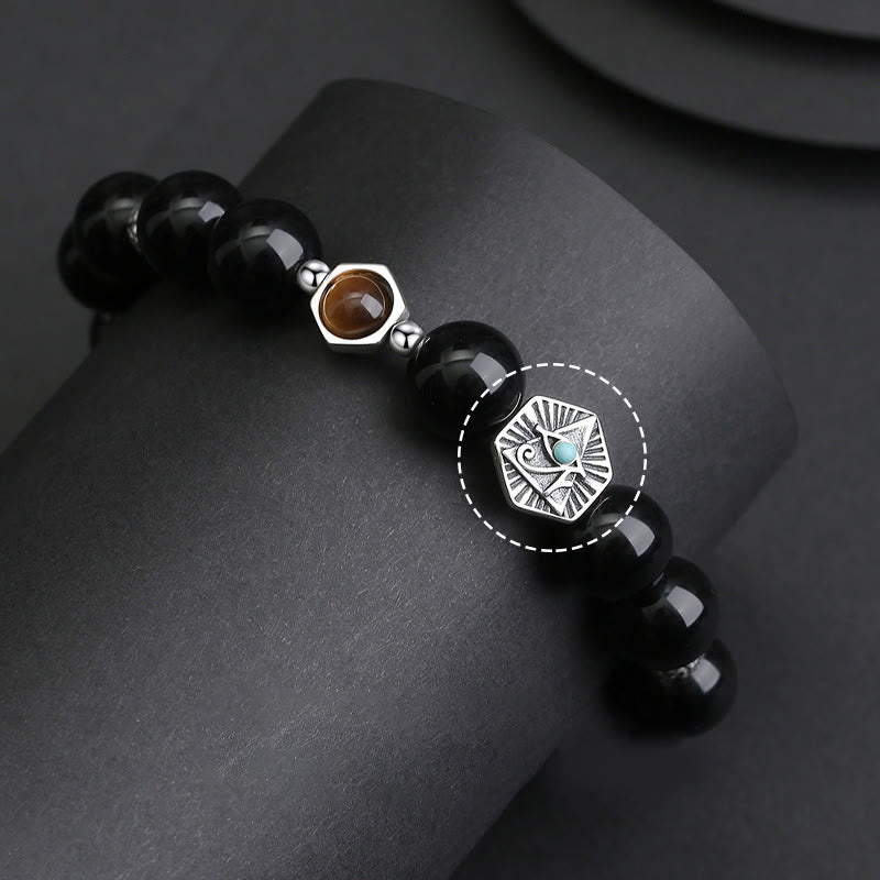 Pulsera de purificación de ojo de tigre de obsidiana negra de plata de ley 925 con Buddha Stones