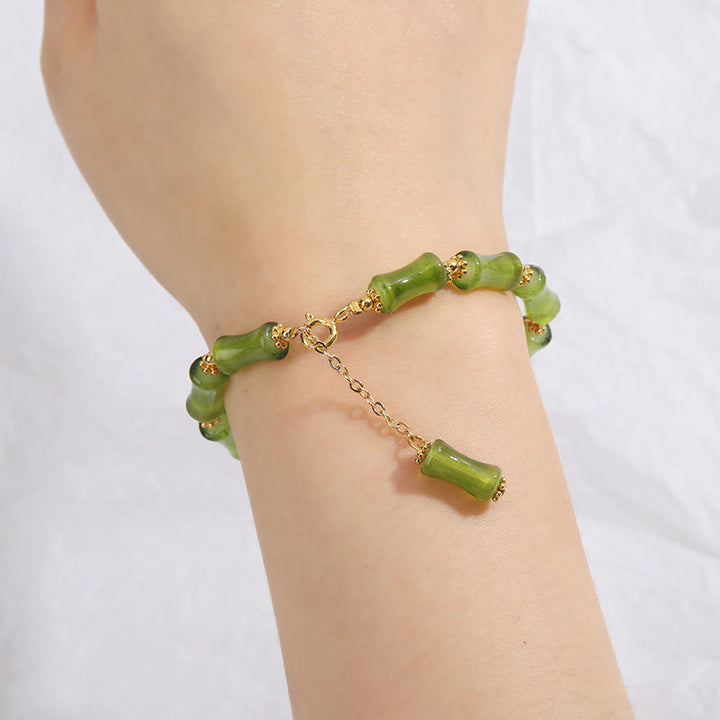 Pulsera de cadena de riqueza con Buddha Stones, patrón de bambú verde, cristal Liuli, ágata musgo