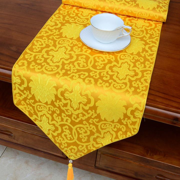 Camino de mesa Jacquard con borlas y símbolos propicios tibetanos con diseño de dragón Vajra y flores de altar de oración