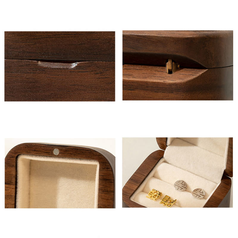 Caja de regalo de madera de hoja de caja de almacenamiento de joyería de anillo de madera de nogal negro hecha a mano Retro