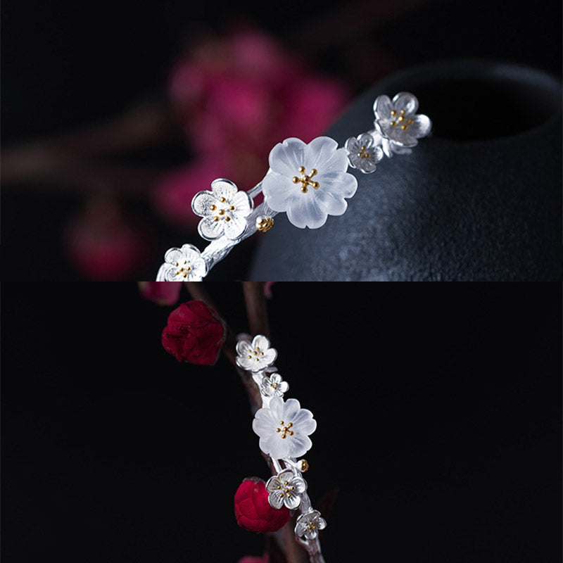 Pulsera ajustable con Buddha Stones de plata de ley 925 con flor de ciruelo y bendición