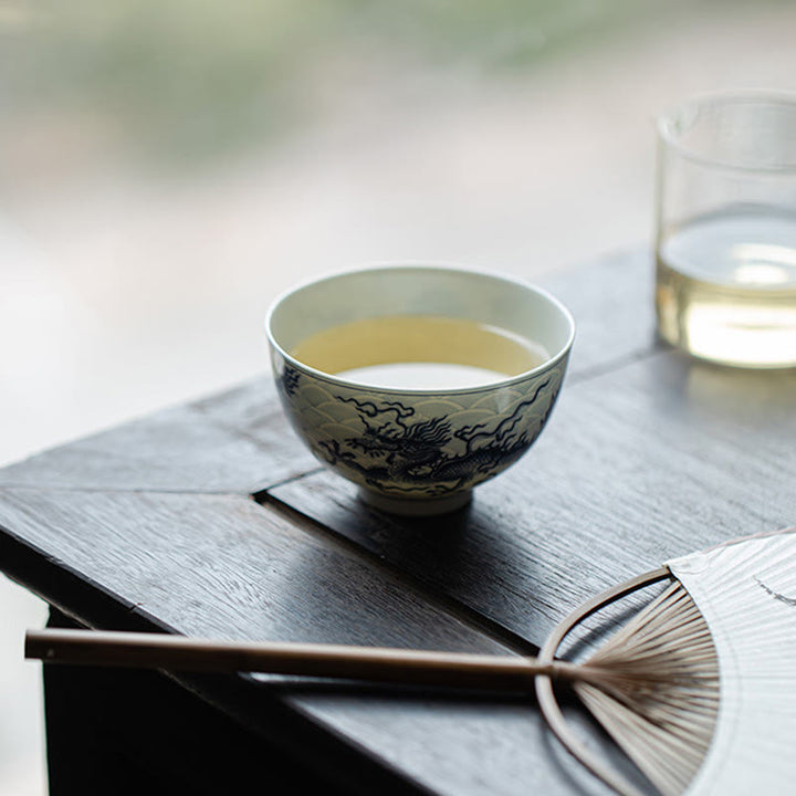 Tazas de té de cerámica con diseño de dragón azul y Buddha Stones, tazas de té de Kung Fu
