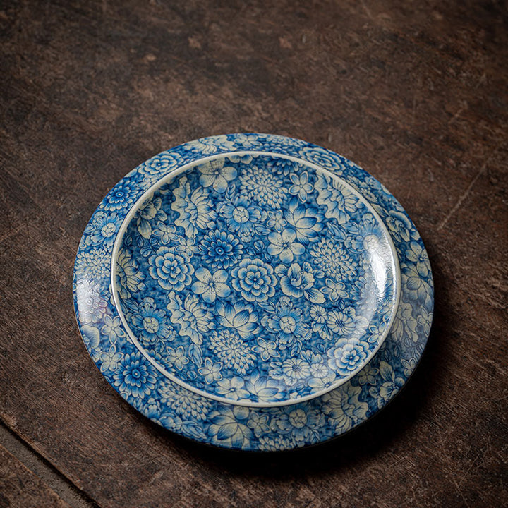 Buddha Stones azul y blanca vintage Flor de durazno Loto Peonía Cerámica Gaiwan Sancai Taza de té Kung Fu Taza de té y platillo con tapa
