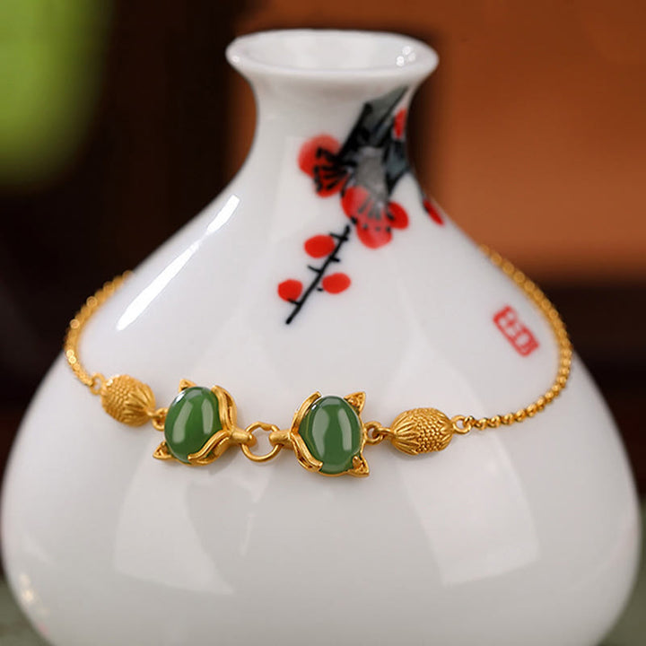 Buddha Stones Plata de Ley 925 Natural Hetian blanco Jade cian Jade encantadora pulsera de la suerte de zorro