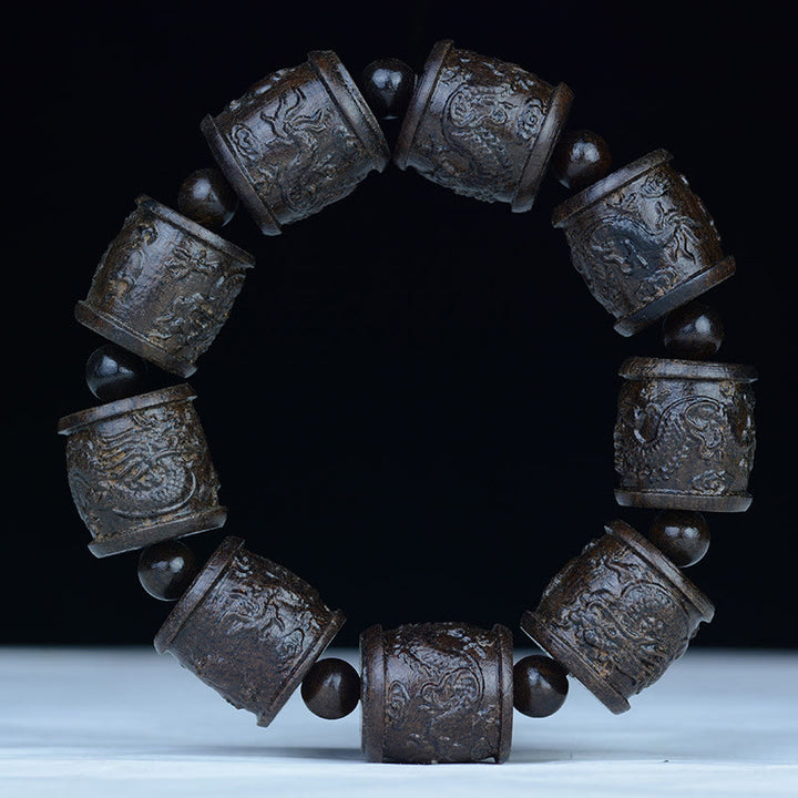 Pulsera de equilibrio grabada con dragón de loto, dieciocho arhats, madera de ébano, Buddha Stones