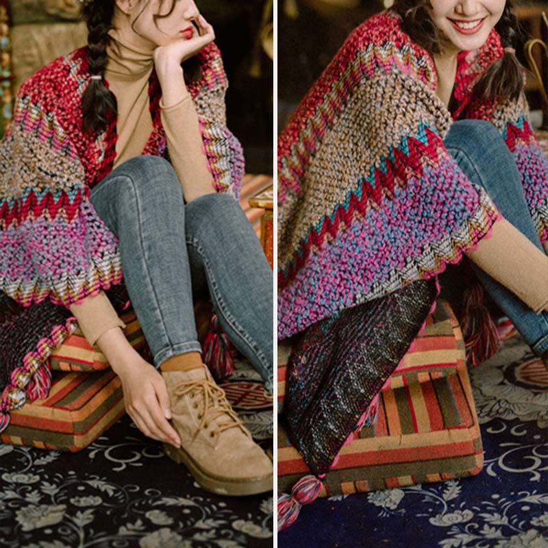 Chal tibetano con Buddha Stones , capa cálida, bufanda tibetana con borlas - image 9