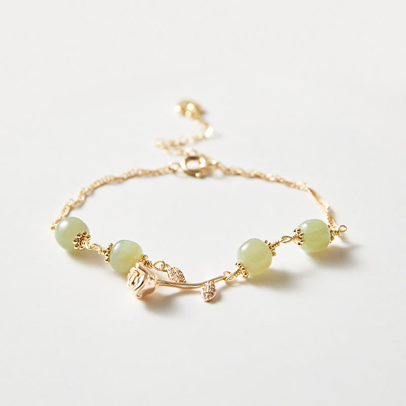 Pulsera de cadena de la suerte con flor de rosa dorada y jade hetiano chapado en oro de 14 Buddha Stones