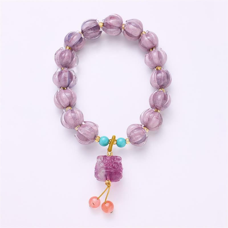 Buddha Stones Liuli cuentas de cristal diseño de loto fluorita marfil fruta bailando León encanto pulsera de iluminación
