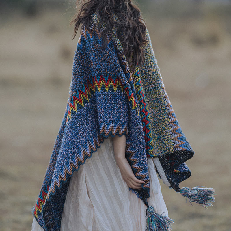 Mantón tibetano de Buddha Stones, capa de punto suave y cálida, bufanda tibetana con borlas de invierno - image 1