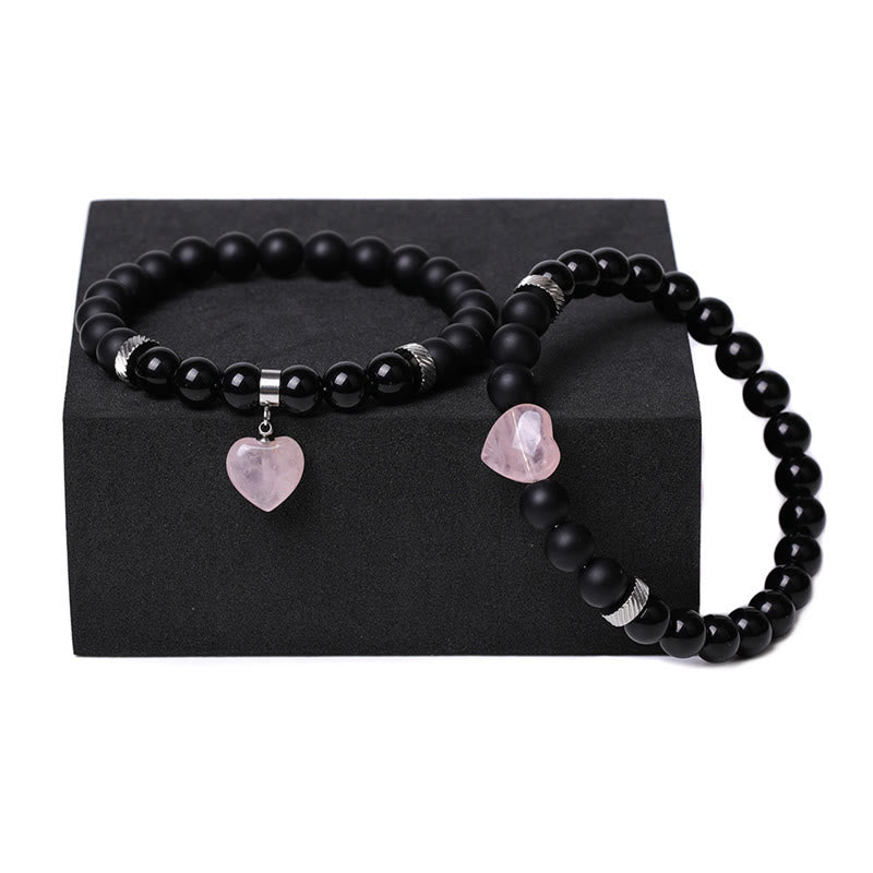 Buddha Stones 2 piezas de piedra de cristal de ónix negro amor protección del corazón pulsera de pareja