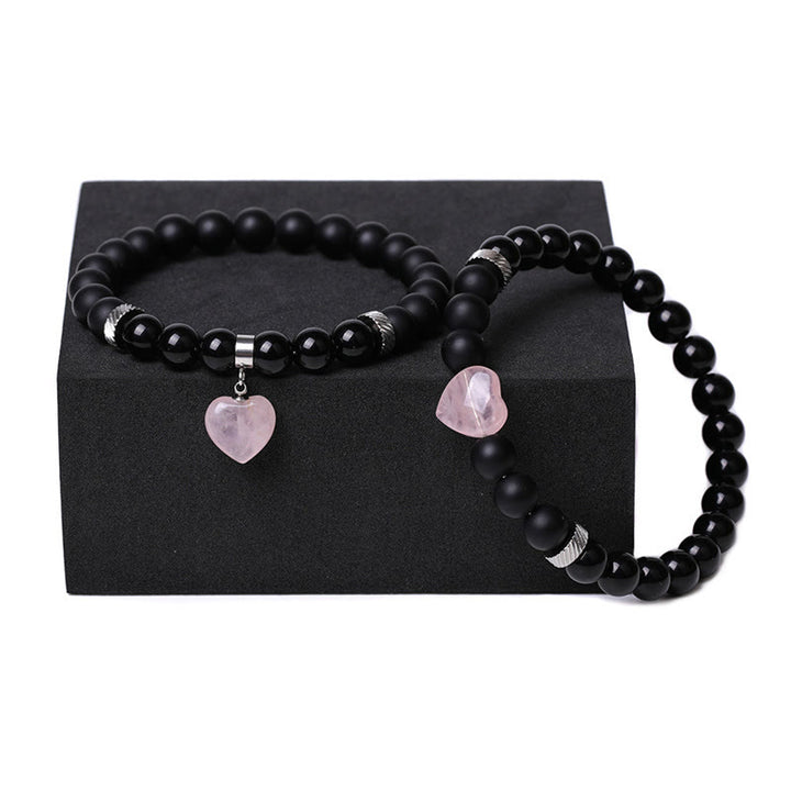 Buddha Stones 2 piezas de piedra de cristal de ónix negro amor protección del corazón pulsera de pareja