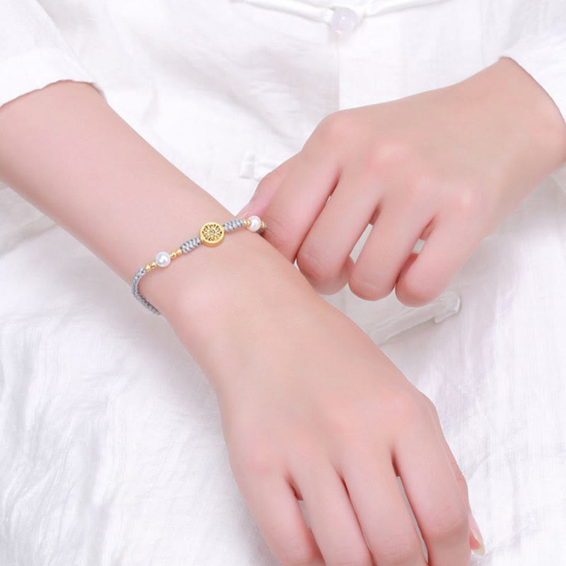 Pulsera trenzada de cuerda azul con Buddha Stones, moneda de cobre, árbol de la fortuna, perla, suerte