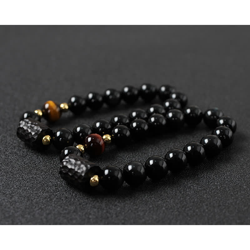 Pulsera de pareja de fuerza de ojo de tigre rojo de madera de ébano de obsidiana negra