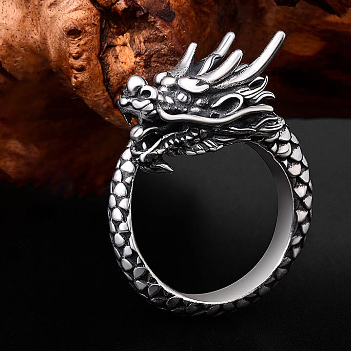 Anillo ajustable de plata de ley 990 con Buddha Stones , diseño de dragón vintage, protección de la suerte y fuerza