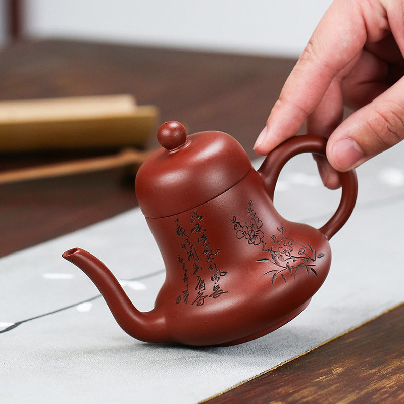 Tetera de kungfú de arcilla púrpura con flor de melocotón de bambú Vintage con Buddha Stones