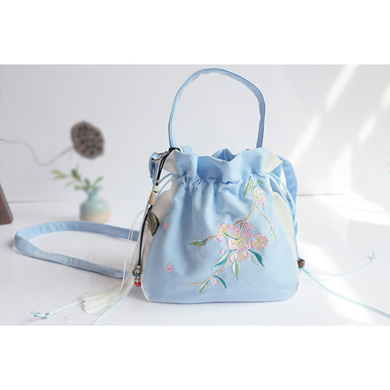 Bolso de hombro de lona con flores bordadas hechas a mano con Buddha Stones