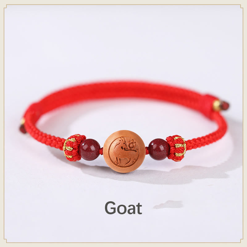 Pulsera de riqueza de cinabrio tallada con carácter del zodíaco chino, madera de melocotón Natural, Buddha Stones - Rojo cabra (circunferencia de la muñeca 14-18 cm) - image 6
