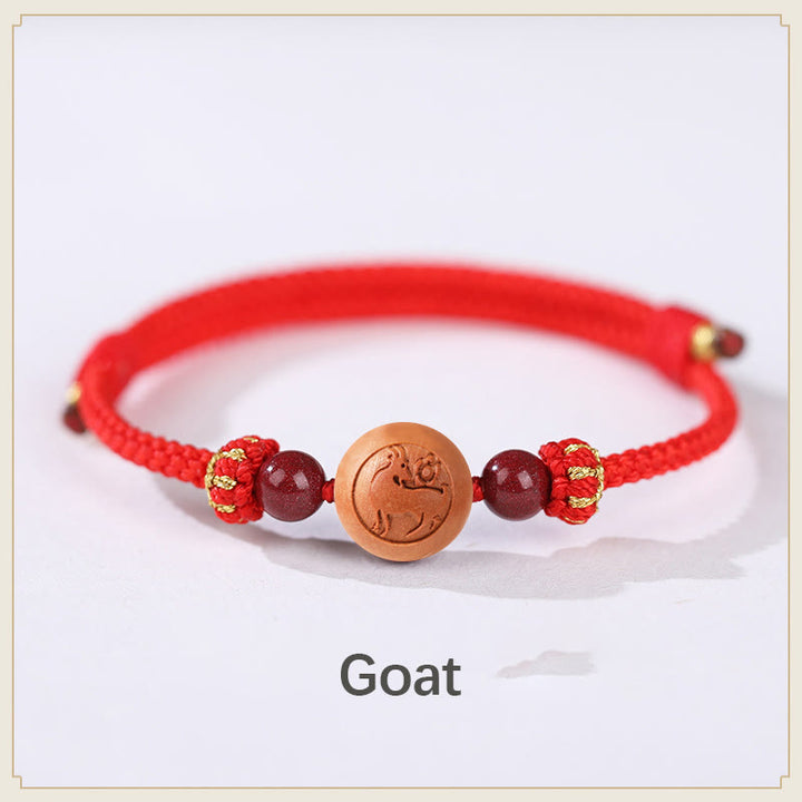 Pulsera de riqueza de cinabrio tallada con carácter del zodíaco chino, madera de melocotón Natural, Buddha Stones - Rojo cabra (circunferencia de la muñeca 14-18 cm) - image 6