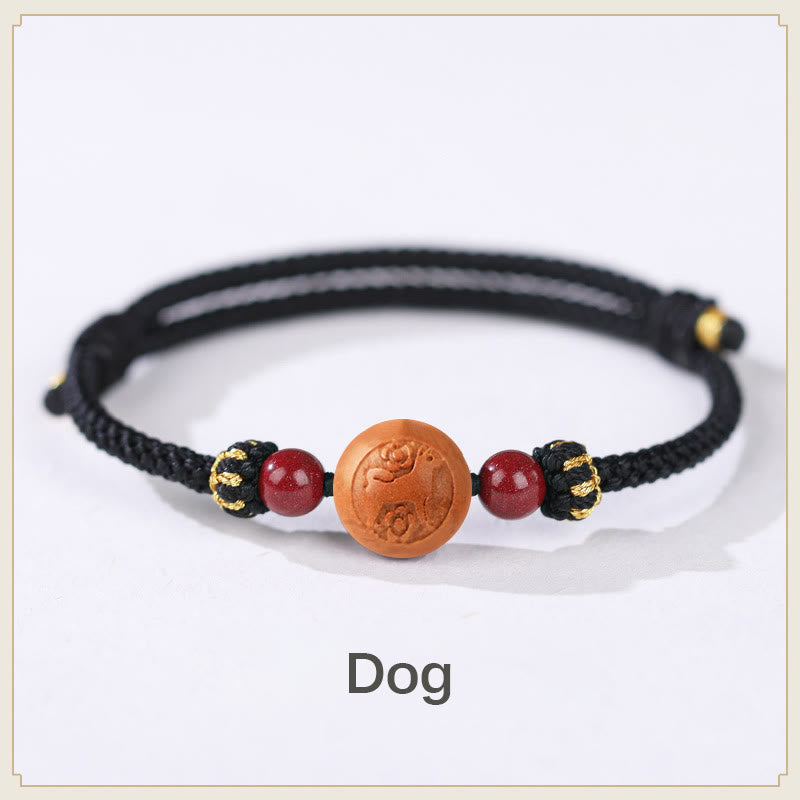 Pulsera de riqueza de cinabrio tallada con carácter del zodíaco chino, madera de melocotón Natural, Buddha Stones - Perro negro (circunferencia de la muñeca 14-18 cm) - image 24