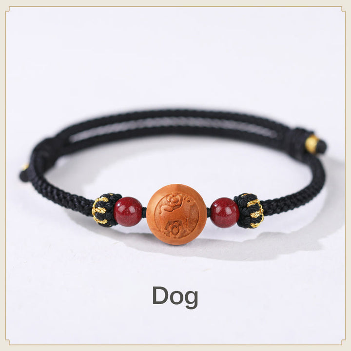 Pulsera de riqueza de cinabrio tallada con carácter del zodíaco chino, madera de melocotón Natural, Buddha Stones - Perro negro (circunferencia de la muñeca 14-18 cm) - image 24