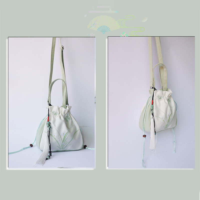 Bolso de hombro de lona con flores bordadas hechas a mano con Buddha Stones