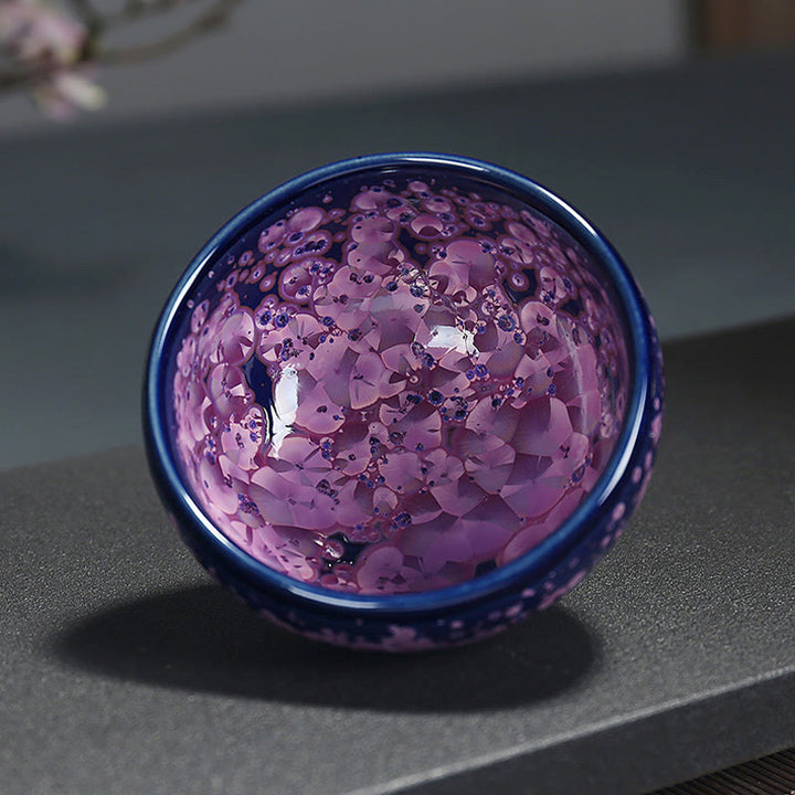 Taza de té de porcelana con Buddha Stones, flores de Iris coloridas, horno chino Jianzhan, cambio, Tenmoku, Kung Fu