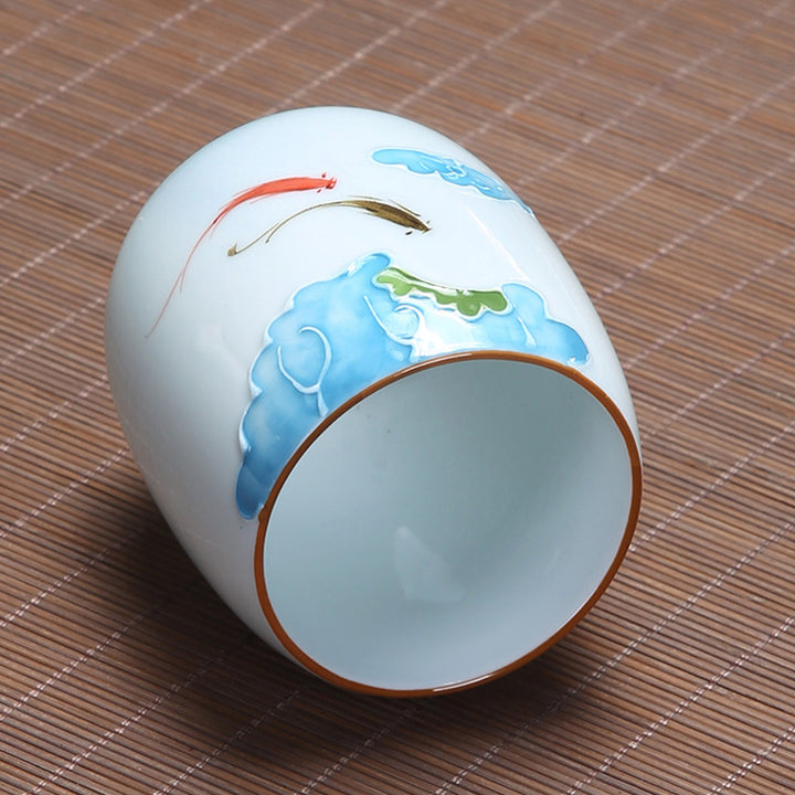 Taza de té de cerámica con Buddha Stones, pez Koi, paisaje de loto, diente de león, flor de peonía, taza de té de Kung Fu