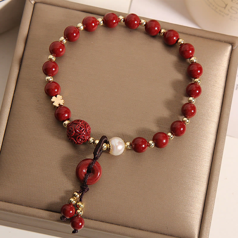 Pulsera de bendición con dije de moneda de cobre con hebilla de paz de cinabrio Natural con Buddha Stones