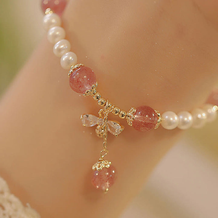 Pulsera con dije de abeja y miel curativa de cuarzo fresa y perlas naturales con Buddha Stones