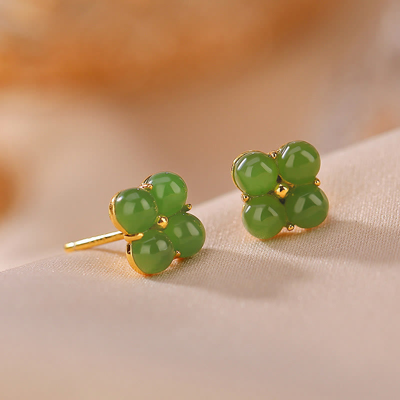 Pendientes de tuerca de la suerte con trébol de cuatro hojas de jade cian natural chapado en plata de ley 925 con Buddha Stones