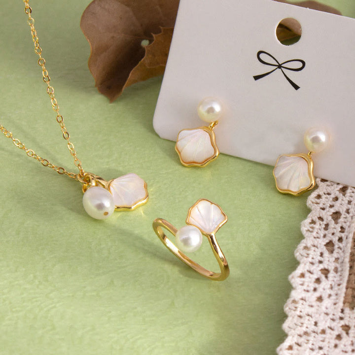 Buddha Stones Ginkgo Tridacna piedra perla perla cobre bendición collar colgante anillo pendientes conjunto