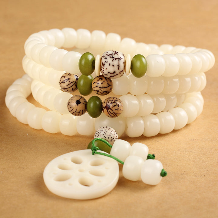 Pulsera de la suerte de 108 cuentas de Mala de semilla de Bodhi blanca