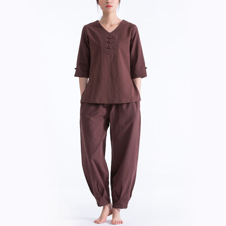 Conjunto de ropa de lino y algodón con diseño de cuello en V para mujer, uniforme de práctica Zen, Buddha Stones, Yoga, meditación y oración