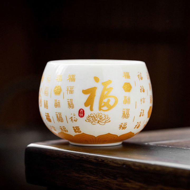 Taza de té y platillo con tapa, taza de té de cerámica Gaiwan, Sutra del corazón budista, Buddha Stones , pequeño personaje Fu, Kung Fu