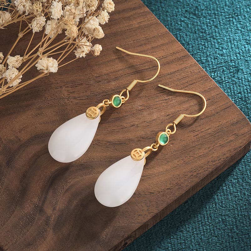 Pendientes colgantes de la suerte de jade blanco FengShui con Buddha Stones