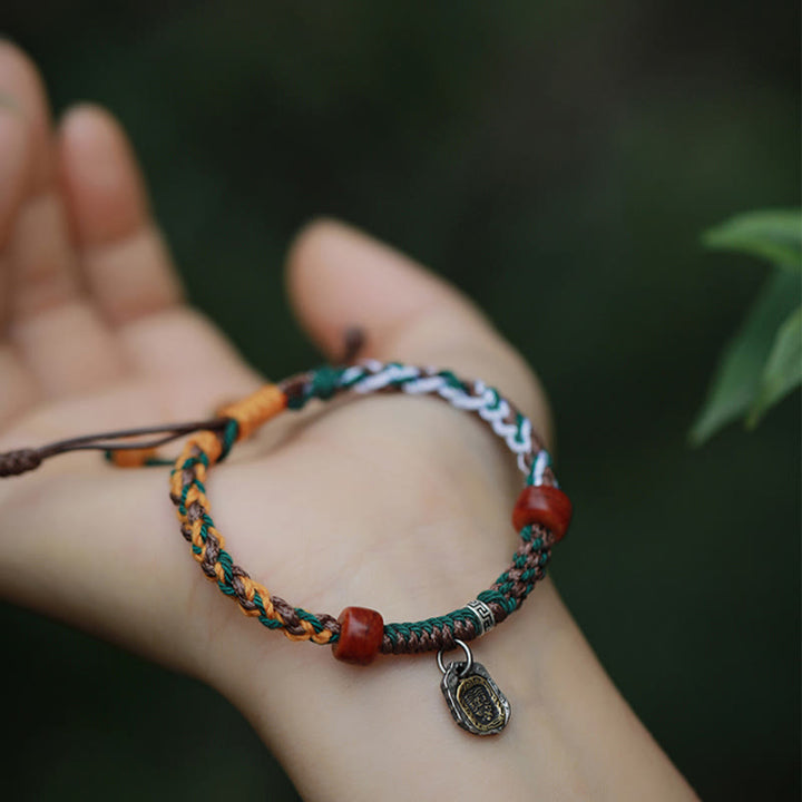 Pulsera trenzada de plata tibetana hecha a mano con Buddha Stones, Plata de Ley 925, Zakiram, diosa de la riqueza, protección de hueso de camello