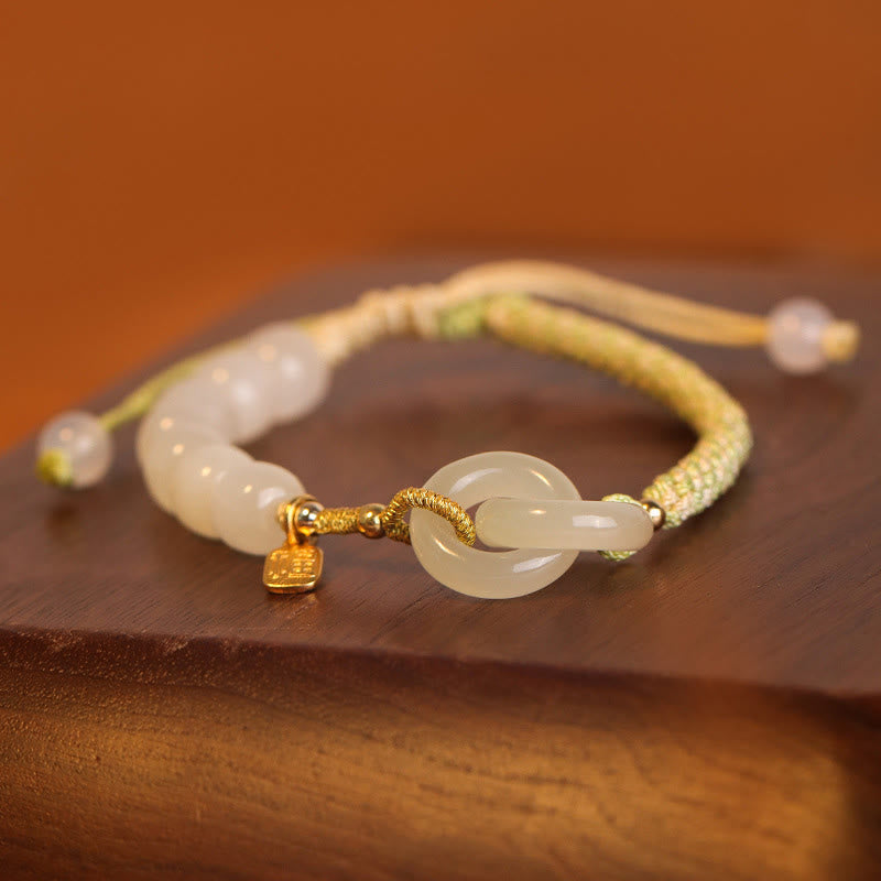 Pulsera trenzada con doble hebilla de paz y cuentas de jade hetiano natural, Buddha Stones, carácter Fu, abundancia