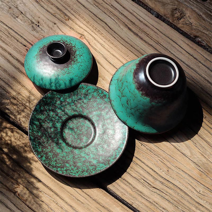 Taza de té y platillo de cerámica con esmalte verde Retro , Buddha Stones , Gaiwan Sancai, Kung Fu, con tapa