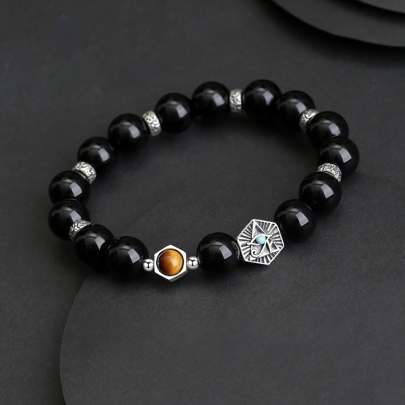 Pulsera de purificación de ojo de tigre de obsidiana negra de plata de ley 925 con Buddha Stones