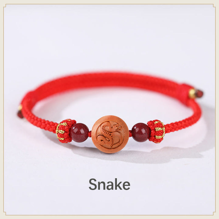 Pulsera de riqueza de cinabrio tallada con carácter del zodíaco chino, madera de melocotón Natural, Buddha Stones