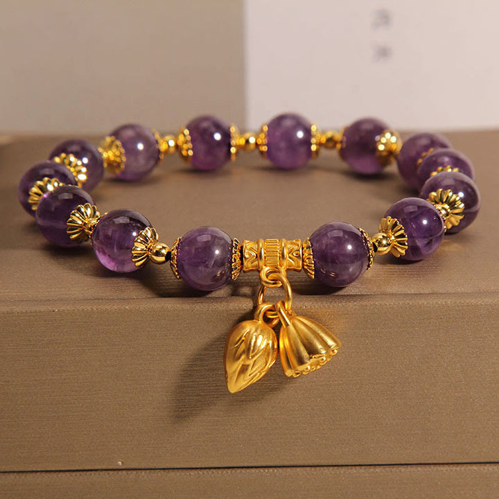 Pulsera espiritual curativa de loto y amatista natural con Buddha Stones