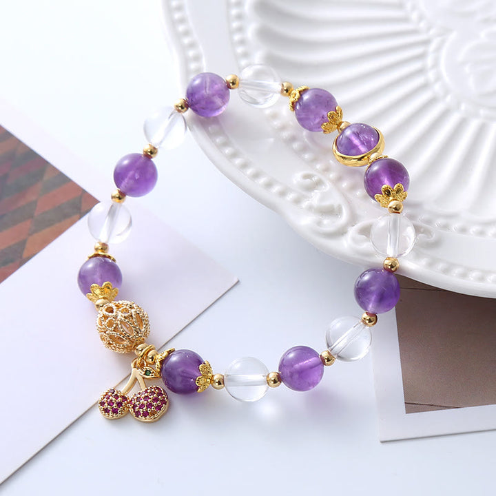 Pulsera con dije de cereza positiva de cristal blanco amatista natural con Buddha Stones