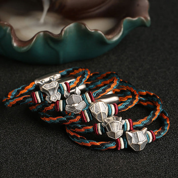 Pulsera de cuerda con nudo de reencarnación colorida, protección del zodíaco chino, Año del Dragón, plata de ley 999 hecha a mano con Buddha Stones