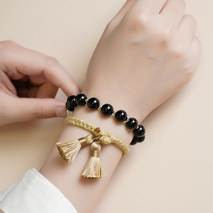 Buddha Stones 2 pulseras de cuerda de protección con soporte de cuentas de ónix negro
