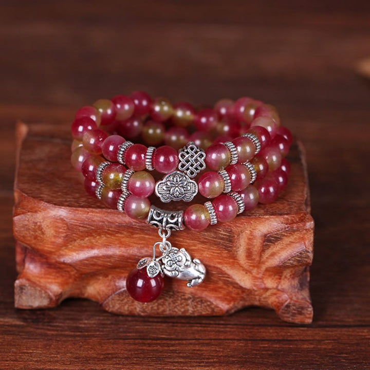 Pulsera de Triple envoltura positiva con elefante PiXiu, turmalina y sandía Natural de Buddha Stones