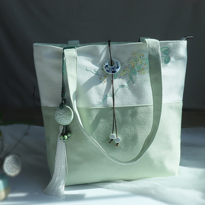 Bolso de hombro de gran capacidad con bordado de bambú, flor de pera, ciruelo, flor de melocotón, bolso de mano