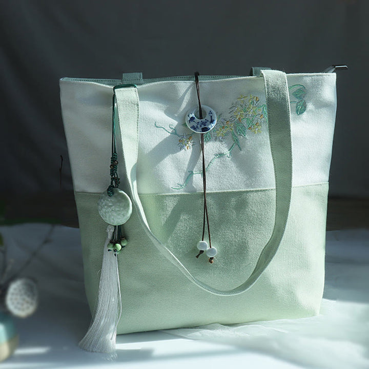 Bolso de hombro de gran capacidad con bordado de bambú, flor de pera, ciruelo, flor de melocotón, bolso de mano