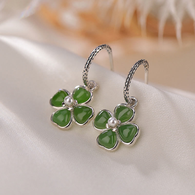 Pendientes de plata de ley 925 con Buddha Stones , jade cian natural, trébol de cuatro hojas, suerte y éxito
