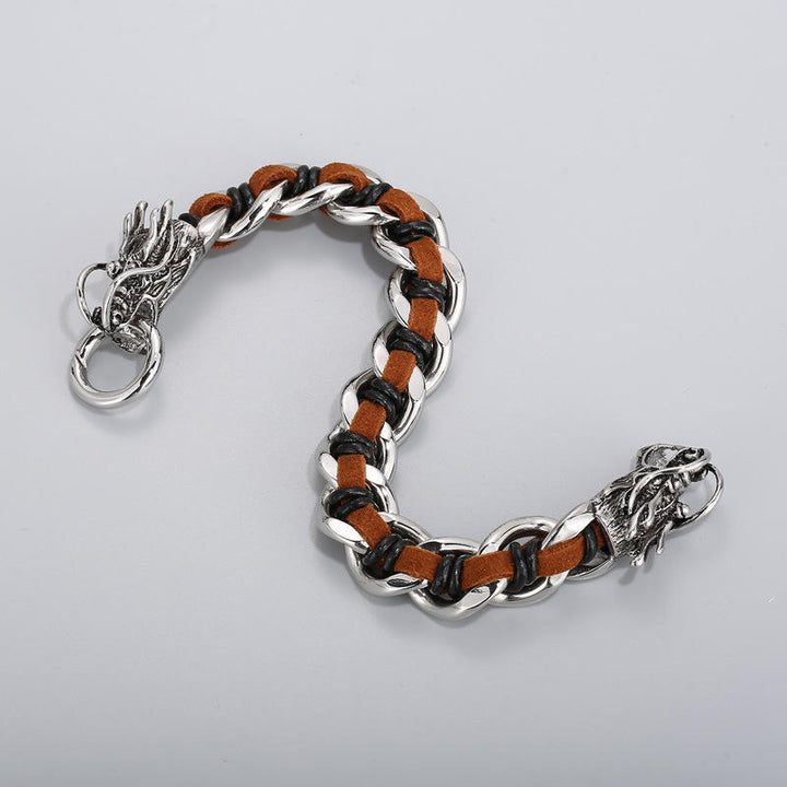 Pulsera trenzada de la suerte con protección de acero titanio y cuero de dragón