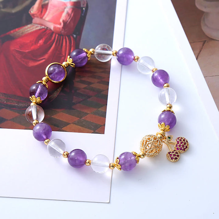 Pulsera con dije de cereza positiva de cristal blanco amatista natural con Buddha Stones